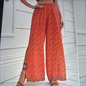 049. Red Wide-Leg Pants with Side Slit